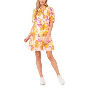 CeCe Tiered Split Ruffle Collar V Neck Baby Doll Floral Dress SZ M Pink Yellow